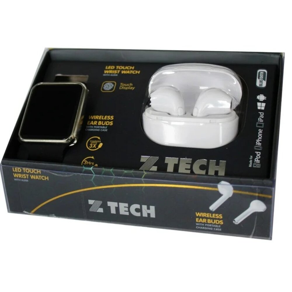ZTECH Unisex LED Touch Watch & Wireless Headphones with Portable Charging Case.